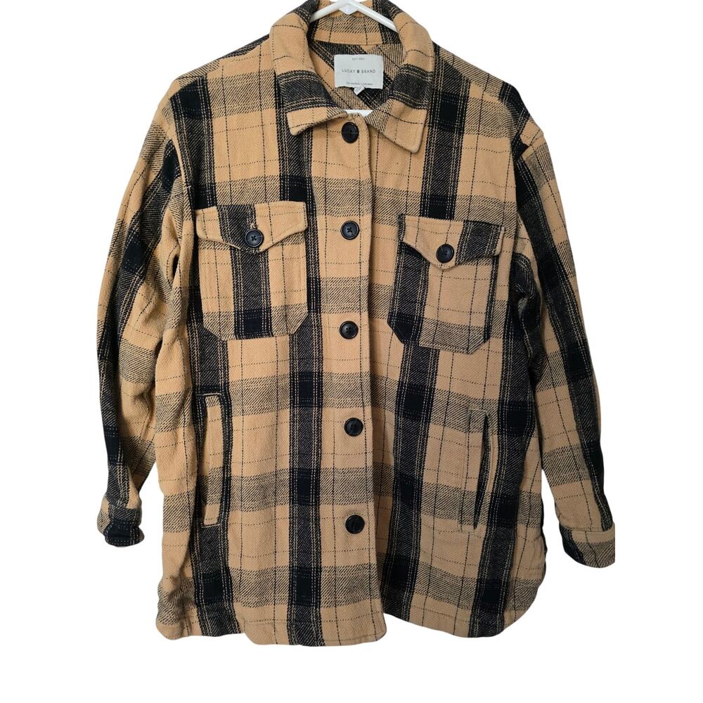 Lucky Brand Size Medium Women's Tan/Black Plaid Shacket